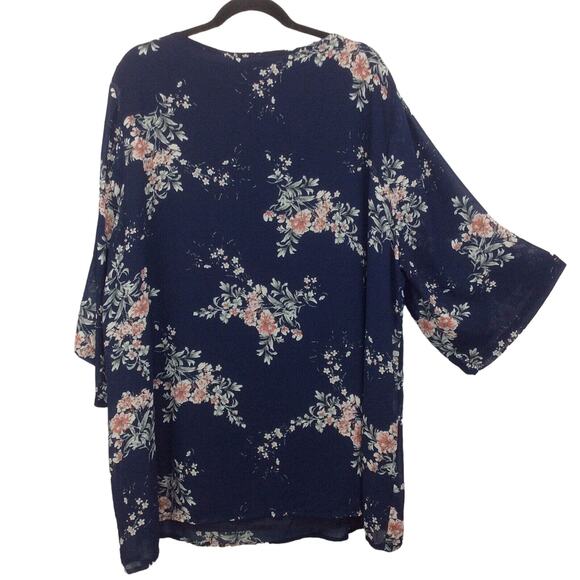 Bloomchic Tunic Women's Plus Size 26 Blue/Pink Floral Boho Sheer Lined Tie Neck - Picture 11 of 11